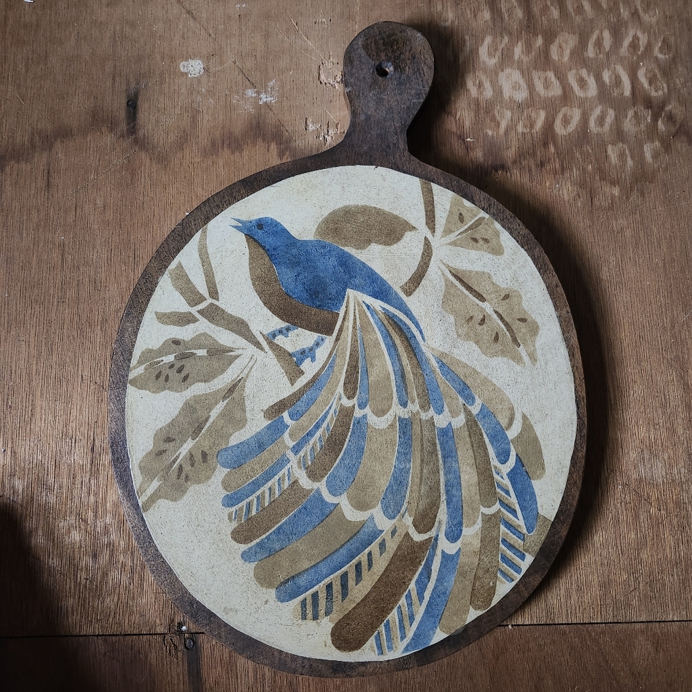 Nagel and Sproesser Blue and Brown Bird Art on Wooden Plaque